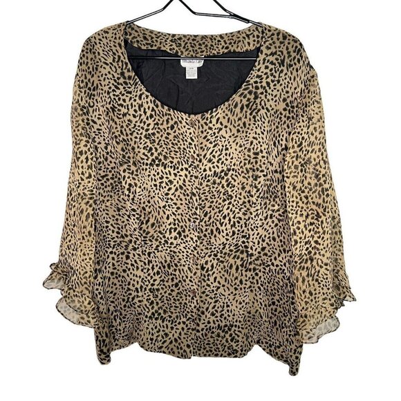 Amanda Lane 100% Silk Top Blouse Womens Sz 26 Cheetah Leopard Print Ruffles - Picture 1 of 10
